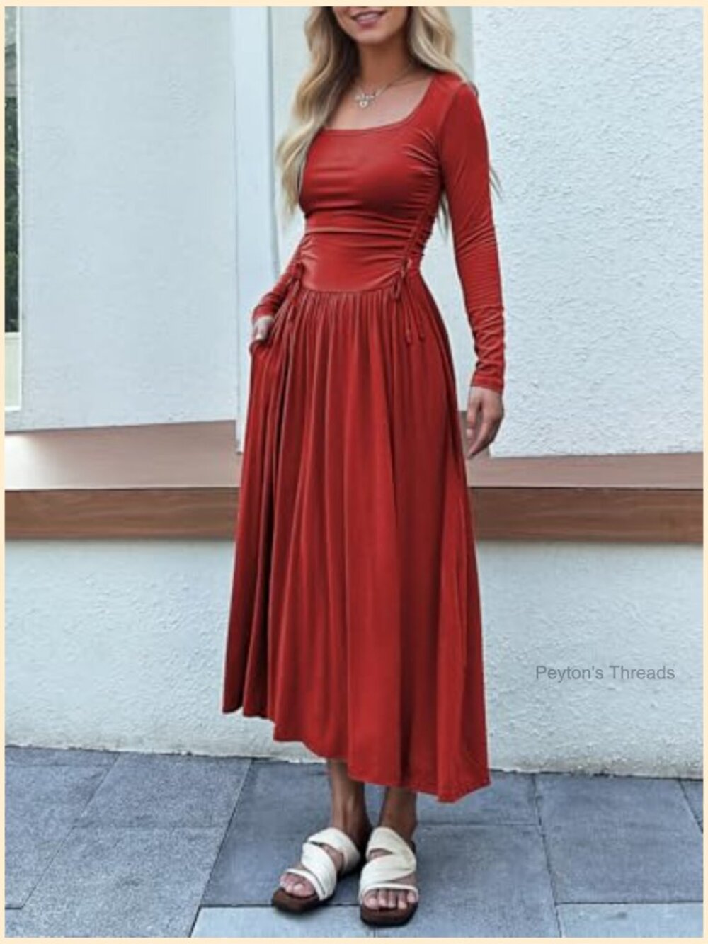Long Sleeve Square Neck Maxi Dress Adjustable Waist Tie Casual A-Line Pleated - Picture 3 of 6